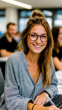 A young woman with glasses and a smile sitting at a desk with a laptop