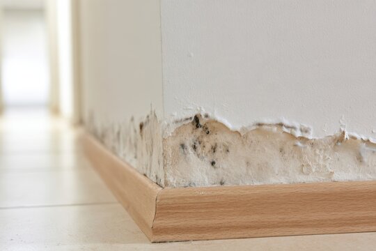 Moisture damaged interior wall with black mold, peeling plaster, stained baseboard, and tiled floor in a residential hallway corner