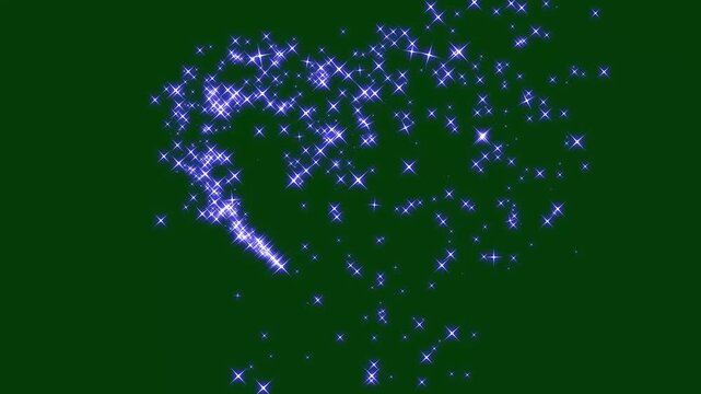 Romantic blue starlight glitter love line trail animation, twinkling star particles creating a beautiful glowing doodle stars, magical fairy sparkle light motion on dark green background 4k video