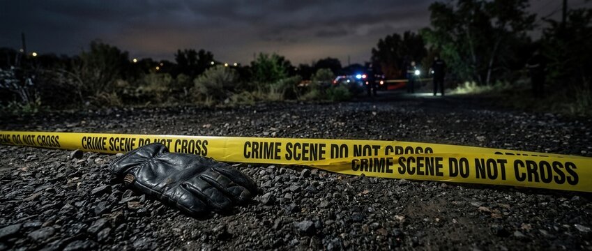 Crime Scene Investigation Yellow Barrier Tape and Single Glove at Night Police Lights in Background