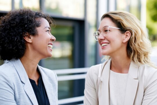 Two female colleagues smiling together outdoors beside modern glass windows, diverse professional women in business attire having a friendly conversation at an office building