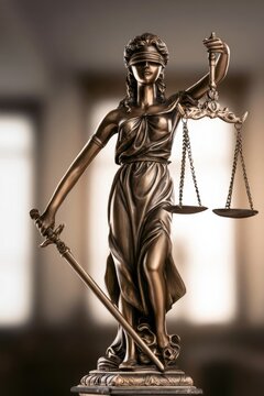 Classical Lady Justice statue with blindfold, scales, sword, flowing robes, and bronze finish in a softly lit interior setting