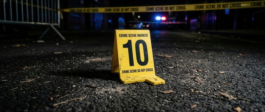 Crime scene marker number 10 on asphalt road at night with police lights and caution tape