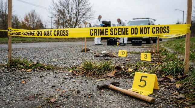 Crime Scene Investigation Yellow Tape Evidence Markers Hammer and Detectives in Background