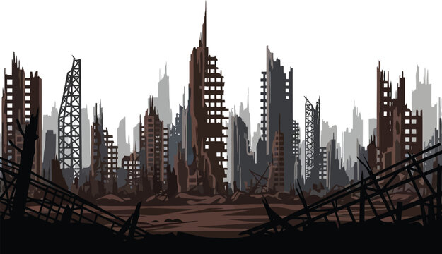 Destroyed post apocalyptic cityscape with ruined buildings vector