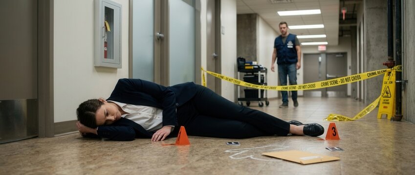 Crime Scene Investigation Woman Found Unconscious in Office Hallway Forensics Team Examines Evidence