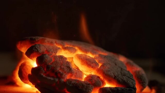 Slow motion handheld zoom of glowing charcoal briquettes emitting sparks and smoldering in dark grill forge setting