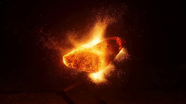 Slow motion close up of molten metal chunk ejecting sparks over dark workshop background
