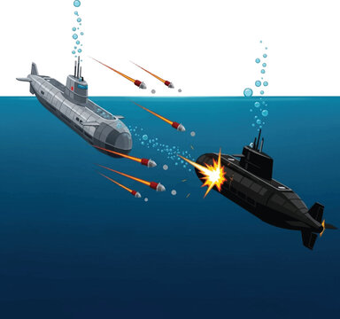 Underwater battle scene with two submarines firing torpedoes, military