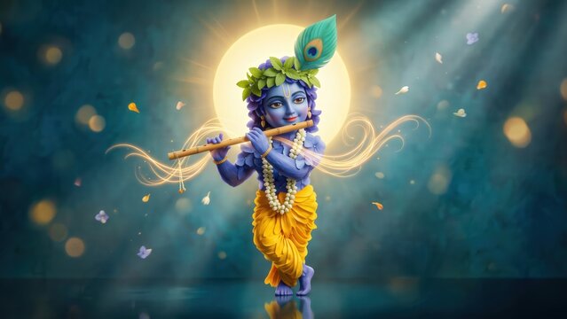 Krishna &ndash; Blue Flower Sculpture Playing Flute with Peacock Feather
