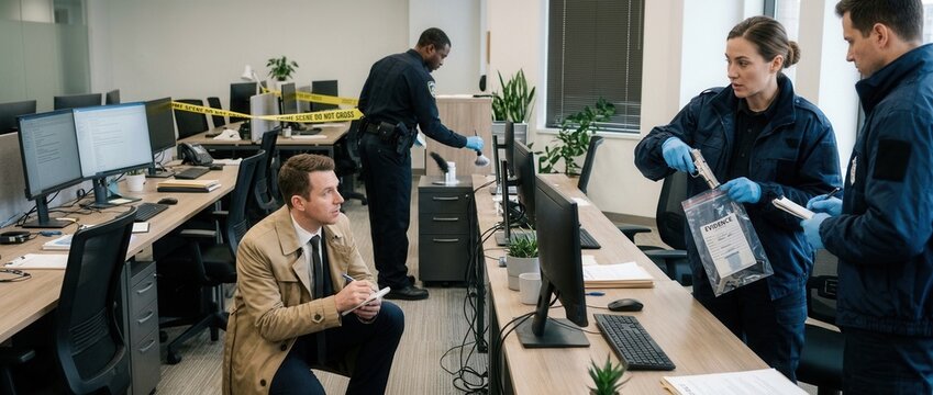 Crime Scene Investigation in Office Detectives Examine Evidence Near Computers and Yellow Caution Tape