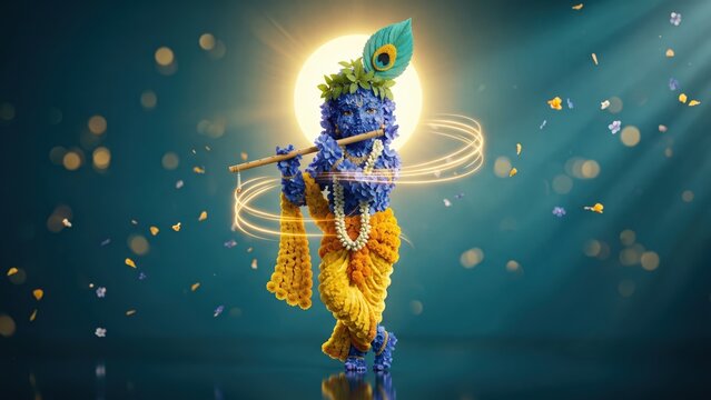 Krishna &ndash; Blue Flower Sculpture Playing Flute with Peacock Feather