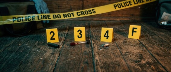 Crime Scene Investigation Police Tape Evidence Markers Bullet Casings on Wooden Floor