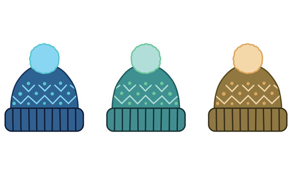 Three colorful winter hats with pompoms