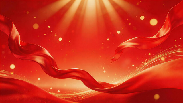 Abstract red ribbons and golden light rays