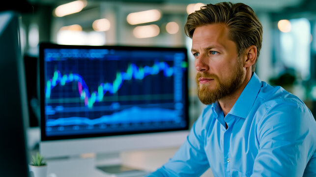 A man with a beard and blue shirt looking at a computer screen with stock market charts