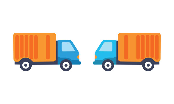 Two cartoon delivery trucks with orange cargo containers facing each other