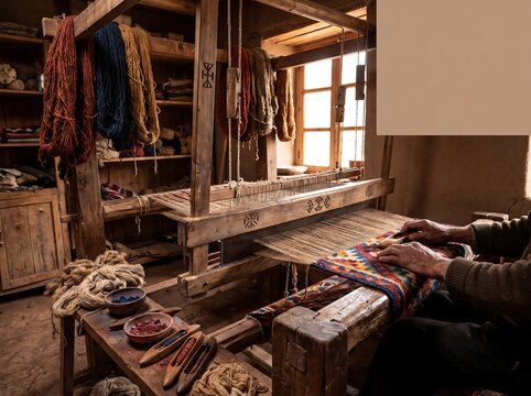 Artisan hands weaving traditional textile on a wooden loom in a workshop