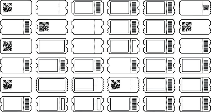 Blank Ticket Template Icon Set with Admission Pass Layouts, Barcodes, and QR Codes for Cinema, Concert, Event, and Lottery Coupon Graphic Designs