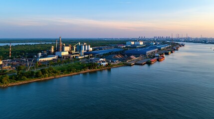Obraz premium Industrial riverfront district with recycling facility and bulk cargo quay at sunset