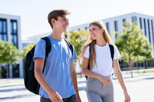 Two university students walking together outdoors with backpacks, smiling and talking on a bright modern campus beside contemporary academic buildings