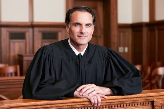 Male judge in traditional black judicial robe seated with hands folded at courtroom bench, wood paneling and empty chairs visible in formal legal interior