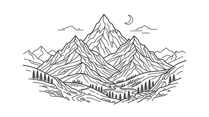Fototapeta premium Detailed mountain landscape illustration with winding river and forest for travel and adventure branding