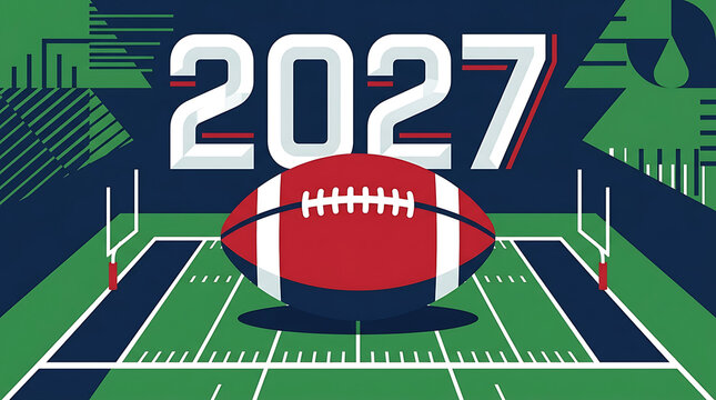 American football 2027 championship event graphic with a football on a field
