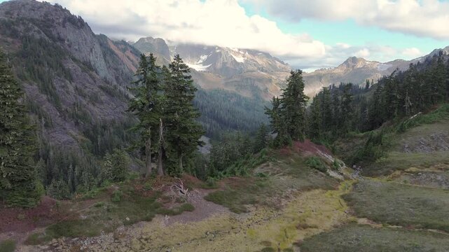 Aerial view of wilderness landscape in Mt. Baker-Snoqualmie National Forest, Washington.