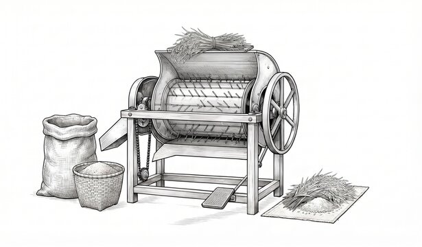 Traditional Paddy Threshing Machine with Rice Grains and Grain Sacks Line Art Illustration