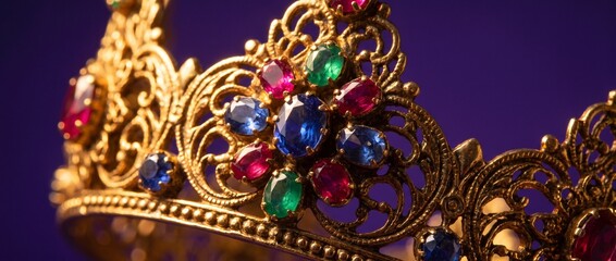 Fototapeta premium Golden crown adorned with colorful gemstones on purple background 