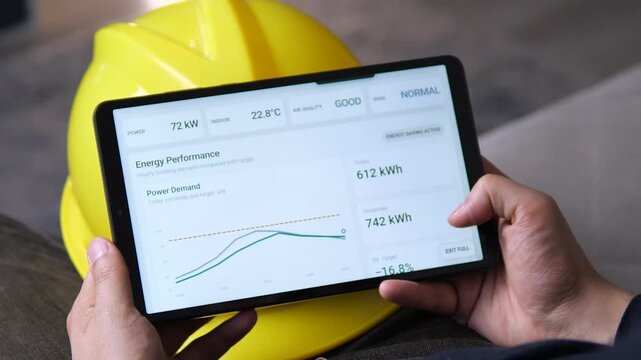 Worker reviews building energy performance on a tablet dashboard, tracking power demand, efficiency and consumption trends for smarter commercial property management.