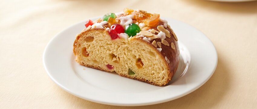 Sliced fruitcake with colorful toppings on a white plate  