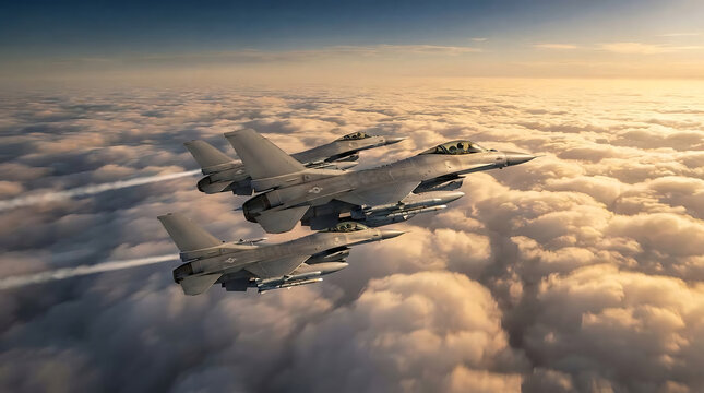 Two fighter jets flying in formation above clouds at sunset
