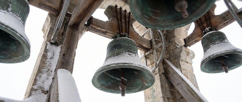 Old bells hanging in a snowy bell tower against a white sky  