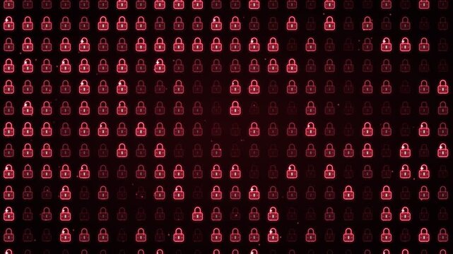 Red glowing security padlocks matrix pattern across cyber threat firewall, encrypted data protection, hacker intrusion prevention, server infrastructure, system authorization video presentations