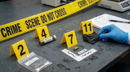 Crime Scene Investigation Evidence Collection with Forensic Tools on Laboratory Table