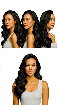 A composite of three separate photographs of a woman with long black hair each showing her from a different angle and wearing a different top