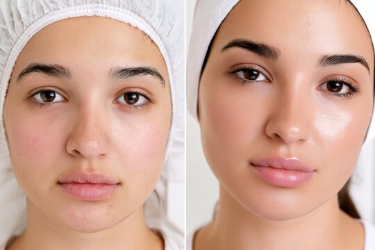 Before and after facial beauty treatment comparison showing visible skin texture changes on a woman in split screen portrait photography