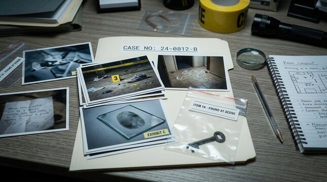 Crime scene investigation evidence laid out on desk fingerprints photos key magnifying glass flashlight notebook Forensic evidence concept