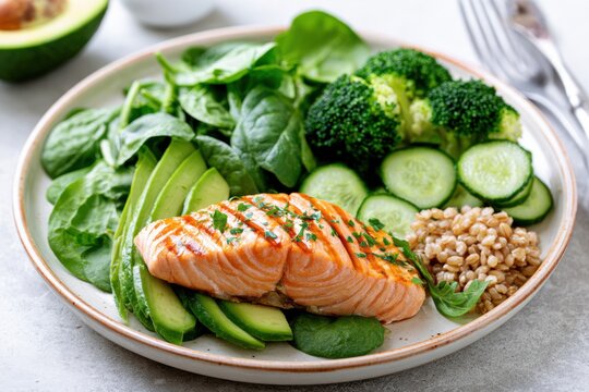 Grilled salmon with avocado, spinach, broccoli, cucumber, and grains arranged on a ceramic plate for a healthy balanced meal photographed from above