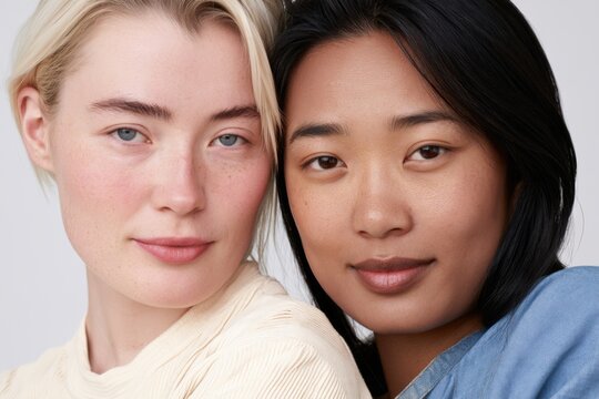 Close portrait of two women with diverse cultural backgrounds, blonde and black hair, natural expressions, and shoulders touching against a neutral studio background