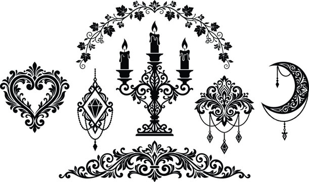 Ornate decorative black elements featuring candelabras and gothic romantic
