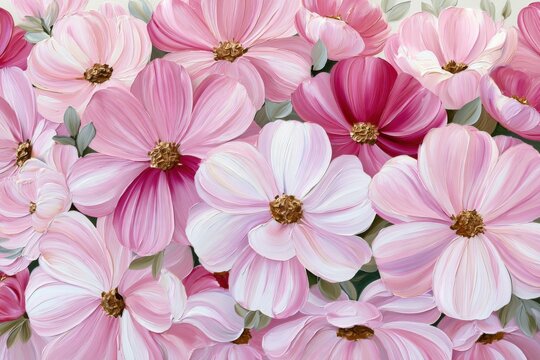 Pink cosmos flowers forming a lush floral pattern with layered petals, green leaves, and varied blossoms across the frame, botanical illustration background