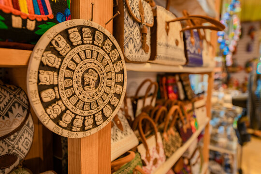Closeup of a Mayan calendar souvenir in a local shop selling Guatemalan cultural items