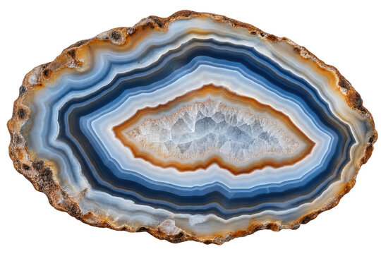 A sliced agate with vibrant concentric rings of blue, white, and brown, revealing a crystalline center. , transparant backround, AI generative