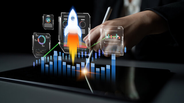 A conceptual image showcasing a rocket launching above data analysis graphics on a tablet, symbolizing growth and innovation in digital marketing strategies for businesses. Nascent