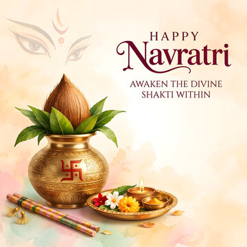 Happy Navratri - Illustration with Diya, Kalash and Goddess Durga Shadow