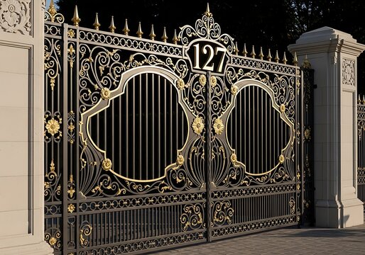 Ornate wrought iron security gate with gold accents and address number 127