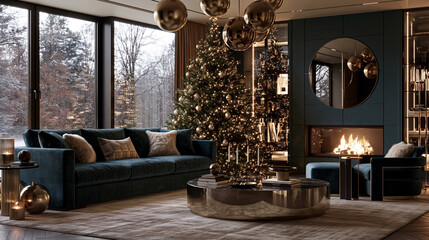 Obraz premium Modern luxury living room decorated for Christmas, featuring a festive tree, comfortable furniture, and a warm fireplace